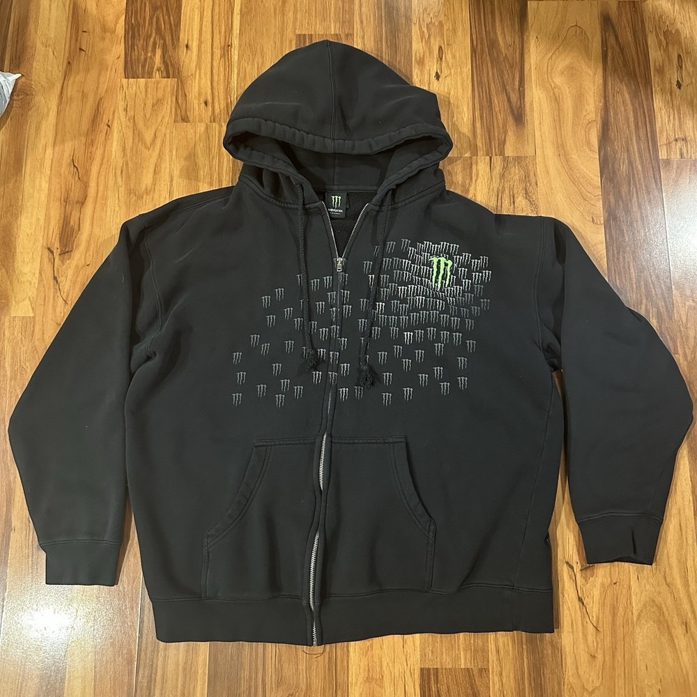 Vtg Y2K Monster Energy Full Zip Black Hoodie Sweatshirt Mens XL Rare VHTF Read
